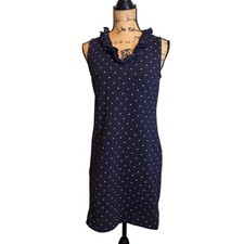Talbots Womens Polka Dot Ruffle Neck Pinup Retro Tank Sheath Dress Navy Small