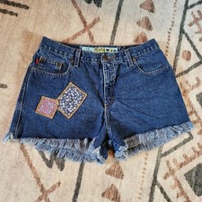 Y2k Mudd Denim Patchwork Frayed Hem Shorts 90's Floral Womens 13 Blue Jeans