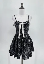 Hot Topic Hell Bunny Black Skull Paisley Floral Tie Neck Fit Flare Dress Sz M