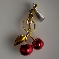 Glossy Mirrored Red Double Cherry Bag Charm  Gold Keychain  Velvet Dust Bag 