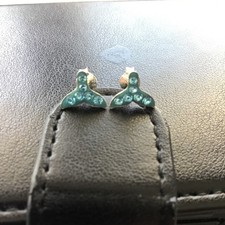 925 Sterling Silver Mermaid Tail Aqua Crystal Studded Post Earrings - FREE SHIP
