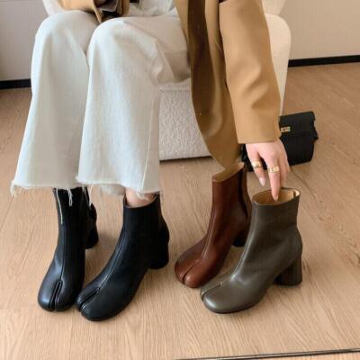Women's Fashion Leather Split Toe Block Heel Tabi Bootie Ankle Boots Shoes 