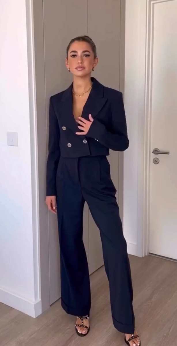 Zara Blazer Womens Navy Double Breasted Crop Gold Buttons