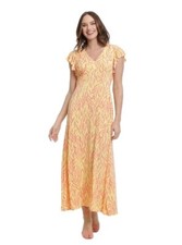 London Times Women's 16 Yellow Pink Print A Line Maxi Dress Ruffle Sleeve