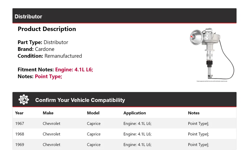 Chevrolet Caprice 1967-1969 4,1 L L6 distribuidor Cardone 1968 Foto 2 de 4