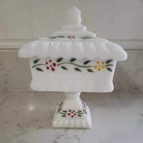 Vintage Hand Painted Milk Glass Square Lid Compote Wedding Dish Flower Vine