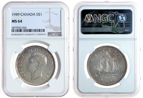 CANADA Silver 'Newfoundland' Dollar 1949 Sailing Ship "The Matthew" NGC MS64 - Picture 6 of 6