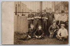 RPPC Group of  Men Workers Special Guy in Stripes with Boaters Hat Postcard H28