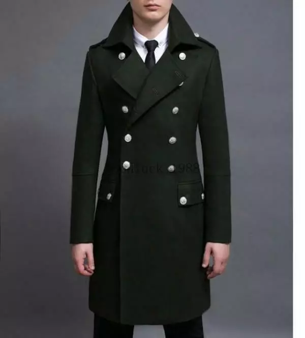 Mens Wool Blend Double Breasted Long Outwear Trench Coat Military Jacket  Outwear