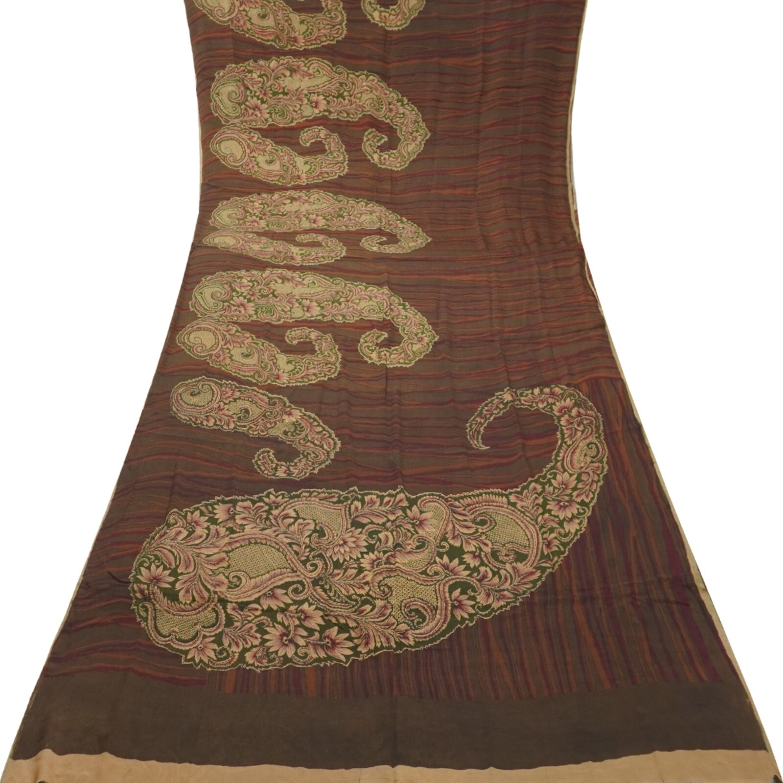 Vintage Marrón Sarees 100% Puro Crepé Seda Paisley Estampado Sari 4.6m Arte Tela