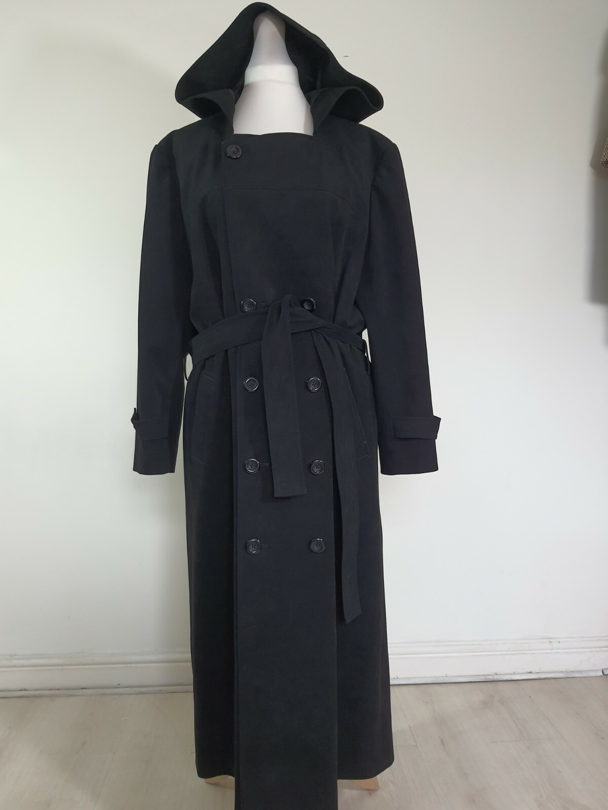 Long Hooded Moleskine Suede Belted Trench Coat Gothic Steampunk XXL