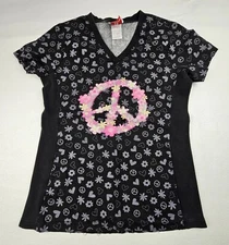 White Cross Ladies Size XS Stretch Sides Scrub Top Pockets Peace Sign Black