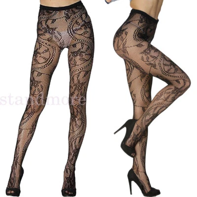 Sexy Pantyhose Stockings Fishnet Floral Lace Pattern Fashion Tights Black UK NEW