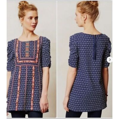 AKEMI + KIN Anthropologie Seva Tunic Mini Dress Boho Embroidered Puff Sleeve XS