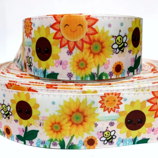 GROSGRAIN RIBBON 5/8", 7/8",1.5", 3" Sunflowers Summer Bees Spring Printed - Image 1 of 1