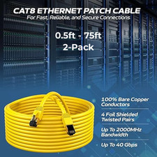 2-Pack CAT8 Ethernet Patch Cable Copper 26AWG SFTP RJ-45 0.5-75FT Yellow Lot