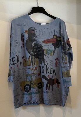 Ella Zhu Sweater New York Graphic Size L Blue 3/4 Sleeved