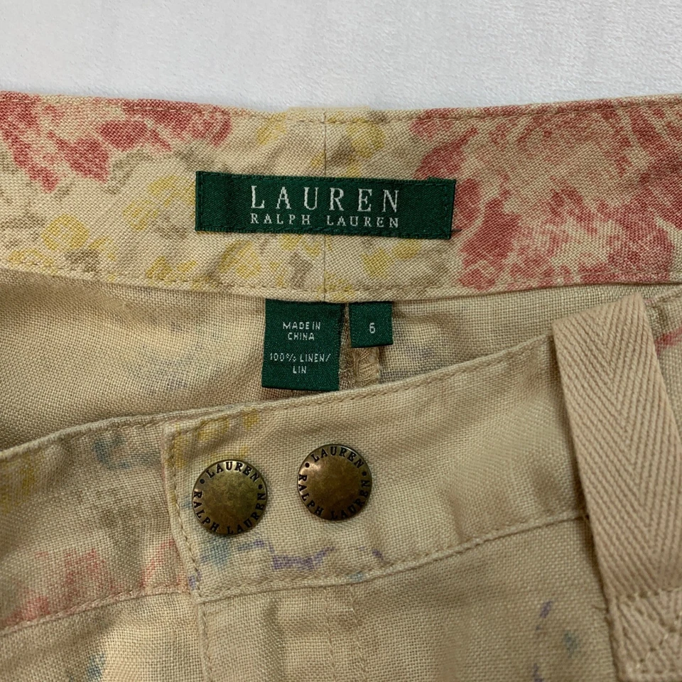 Vintage Lauren Ralph Lauren Pants Womens Size 6 100% Linen Floral Cargo Pockets - Image 4 of 4
