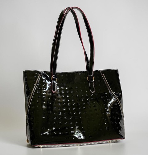 Arcadia Black Patent Leather Tote Shoulder Bag Embossed Pattern With Dust Bag - Picture 2 of 12