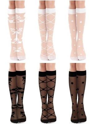 BOARDFEB 6 Pairs Women's Lace Socks One Size, Black and White Flower Dot