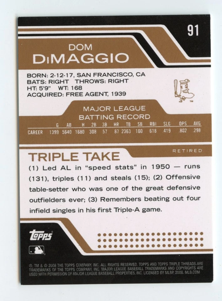 2008 Topps Triple Threads - Dom DiMaggio #91 Sepia /525 - Image 2 of 2