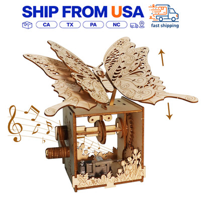 3D Wooden DIY Puzzle Butterfly Music Box Handmade Mechanical Model Kit Gift Deco