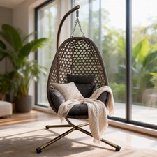 Hanging Rattan Garden Swing Egg Chair Hammock With Stand Cushion Patio Foldable