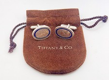Vintage Tiffany Co Sterling Silver Blue Enamel Oval Cufflinks Cuff Links