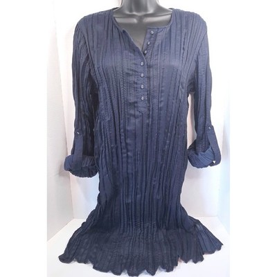 Lauren Ralph Lauren Navy Blue Crinkle Pleated Roll Tab Sleeve Tunic Top M