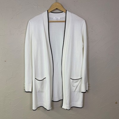 89th Madison Open Front Preppy Cardigan Womens M White Pockets Classic Chic