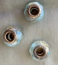 Three Murano Style Faceted Beads Milky Minty Iridescence 925 Preowned