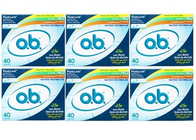 o.b. Tampons No Applicator, Unscented - 40ct 18 Reg/12 Sup/10 Sup Plus Pack of 6