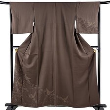 Japanese Silk Kimono M 160cm Brown Bird Cherry blossom Foil Lined Excellent 4877
