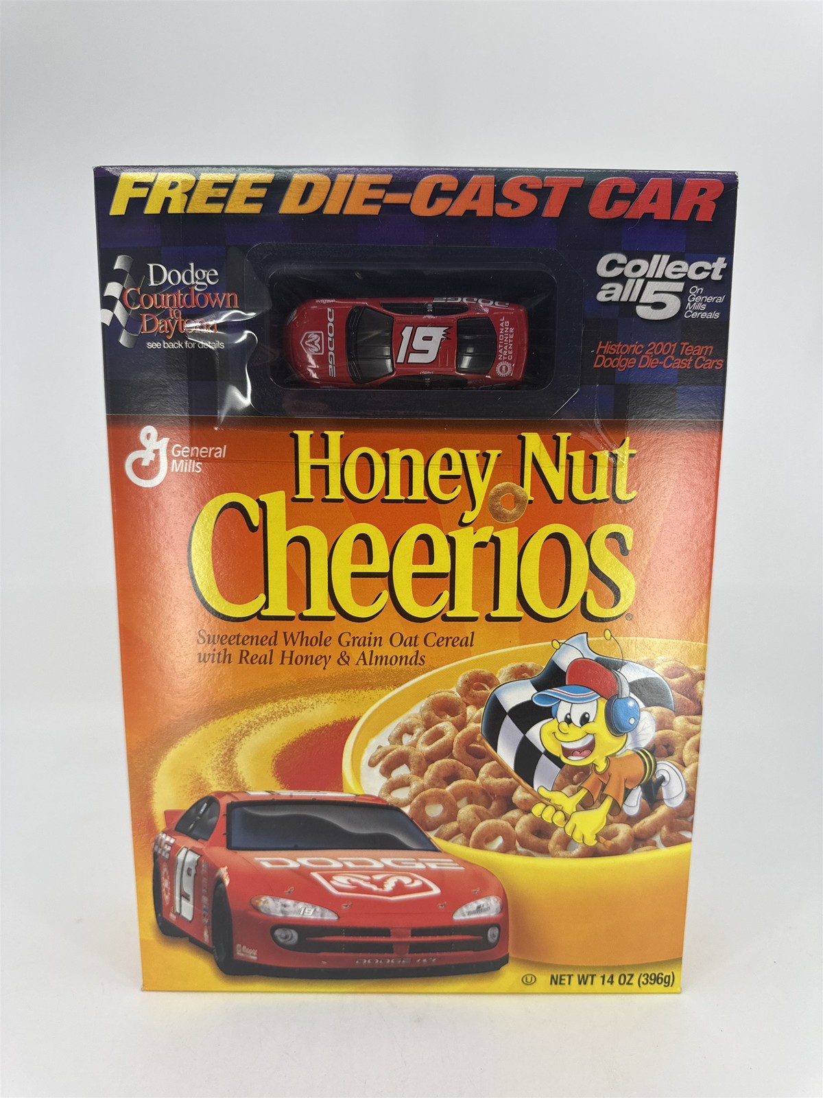 General Mills Honey Nut Cheerios Unopened Cereal Box W/ Free Die-Cast Dodge Car 
