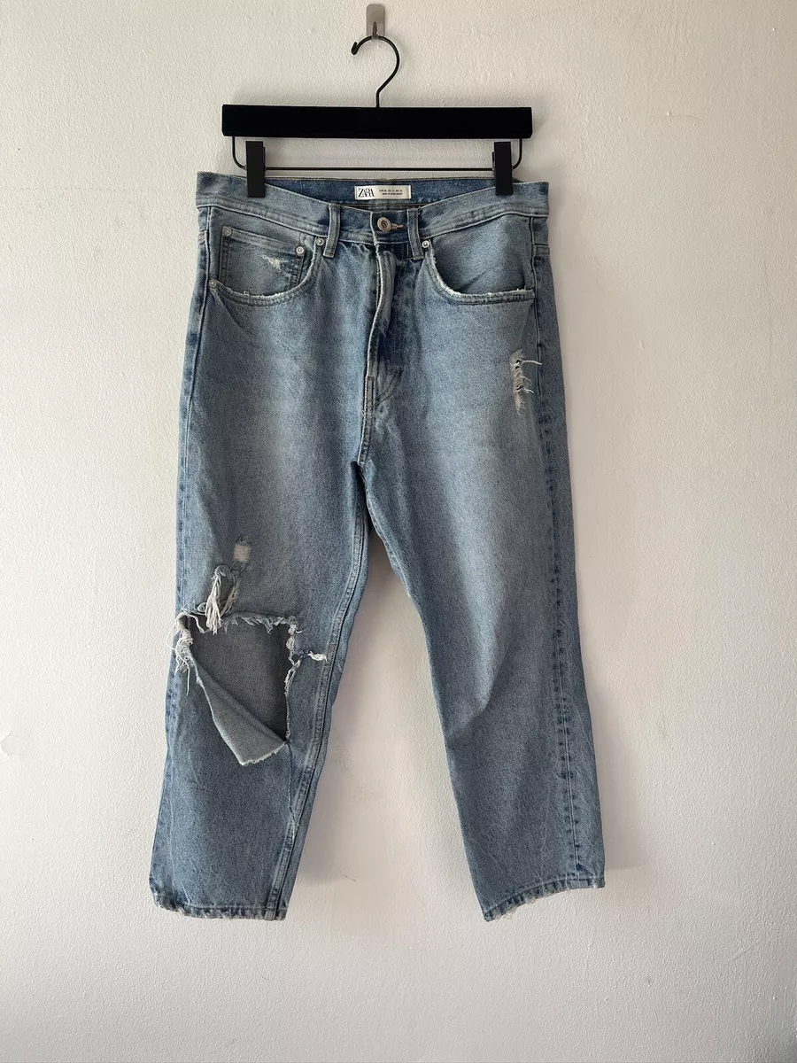 Zara Man Mens Denim Medium Washed Straight Ripped Cropped Jeans