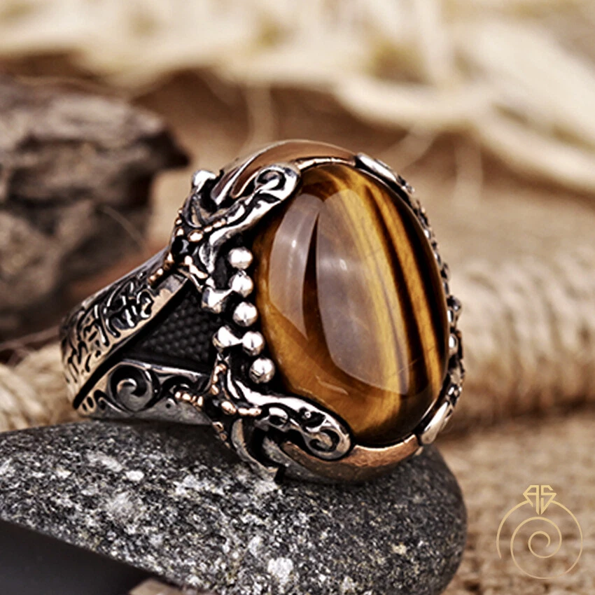 Natural Tiger Eye Men Ring Sword Silver Oval Stone Islamic Arabic