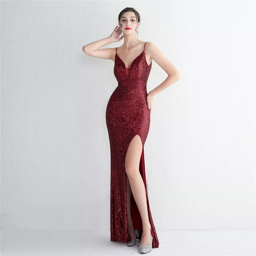 Robe Fourreau Longue Rouge Pour Femme - Fente, Manches Slim, Modèle 4496 - Taille 34 à 40