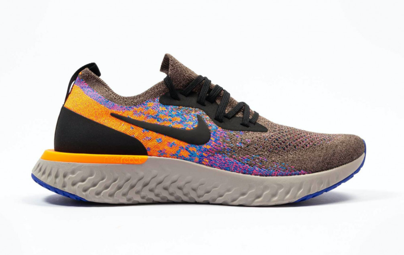 epic react flyknit brown black orange  and  blue