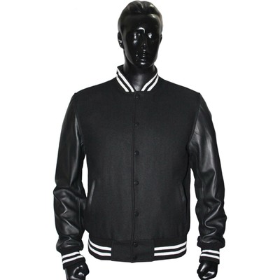 New Black Wool Black Real Leather Sleeve Varsity Bomber Jacket Rib White & Black