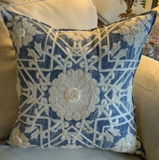 18”x18’ Blue & Ivory Feather/Down Ornate Luxe Decorative Pillow W Zipper