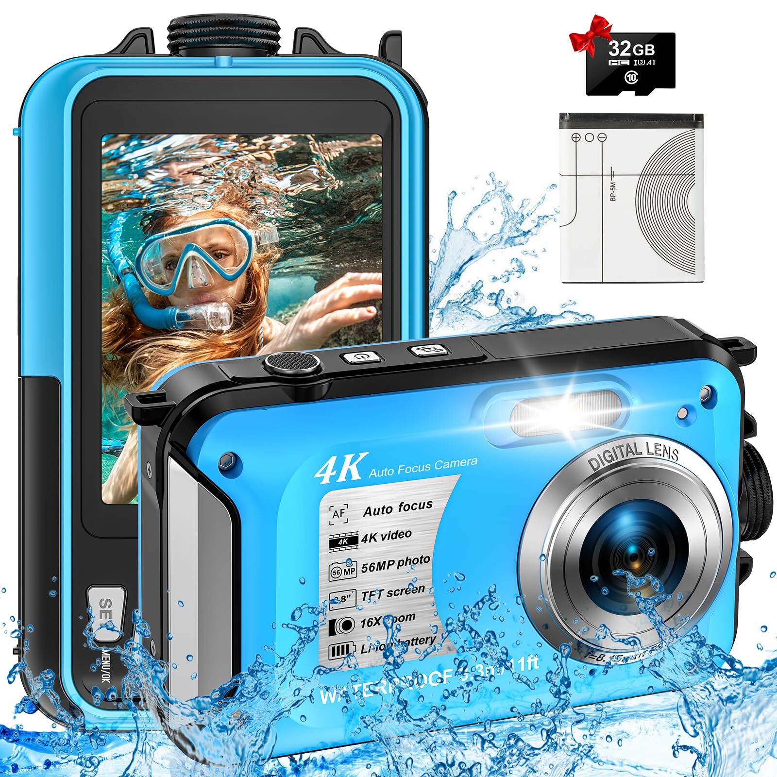 4K Waterproof Camera with 32GB Card 11FT Floatable Digital Camera Waterproof ...