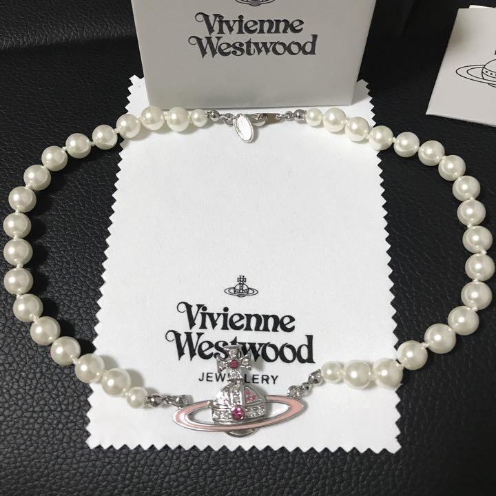 Vivienne Westwood Necklace Pearl Choker Silver Pink IN BOX [E2076