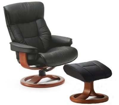 Fjords Bergen Large Recliner Comfort Chair - Black Leather Teak Wood Stain