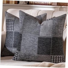 Set of 2 Throw Pillow Covers Woolen Patchwork 18" x 18" Pack of 2 Grey