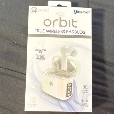 B Iconic Orbit True Wireless Bluetooth Earbuds White Charging Case Touch Control