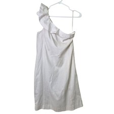Ann Taylor Dress Sz 8 Cream One Shoulder Shift Ruffle Summer Preppy Cotton