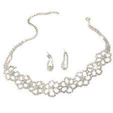 Silver Crystal Choker Necklace Earrings Set Women Sparkling Rhinestone 689
