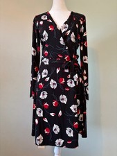NWT Loft Poppy Patterned Wrap Dress in Black/Red/White w/Long Sleeves Size XS
