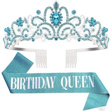 Glamorous Blue Glitter Birthday Sash  Crystal Tiara for Stylish Celebrations