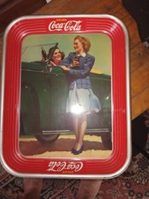 ANTIQUE VTG 1942 COCA COLA COKE METAL SERVING TRAY 2 GIRLS & CAR 13 1/4 X 10 1/2